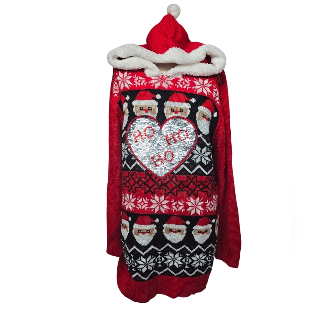 No Boundaries Tunic Hooded Christmas Sequin Ho Ho Ho Santa Heart Sweater XXL